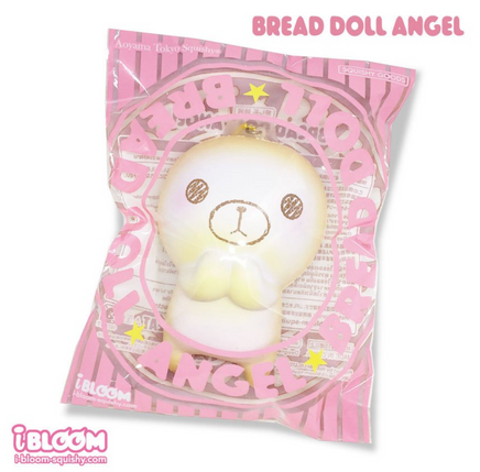 I-Bloom Bread Doll Angel Jumbo and Mini Squishy set in original packaging with ball chain, licensed kawaii collectible, super soft and slow rising squishy toy gift.