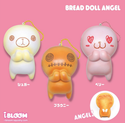 I-Bloom Bread Doll Angel Jumbo and Mini Squishy set in original packaging with ball chain, licensed kawaii collectible, super soft and slow rising squishy toy gift.
