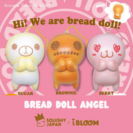 I-Bloom Bread Doll Angel Jumbo and Mini Squishy set in original packaging with ball chain, licensed kawaii collectible, super soft and slow rising squishy toy gift.