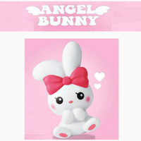 I-Bloom Angel Bunny squishy, scented and slow-rising, shown in four pastel color variations. Features soft bunny shape with angel wings, blushing cheeks, and cute expression. Made of PU foam and packaged in original 2017 licensed packaging for collectors.