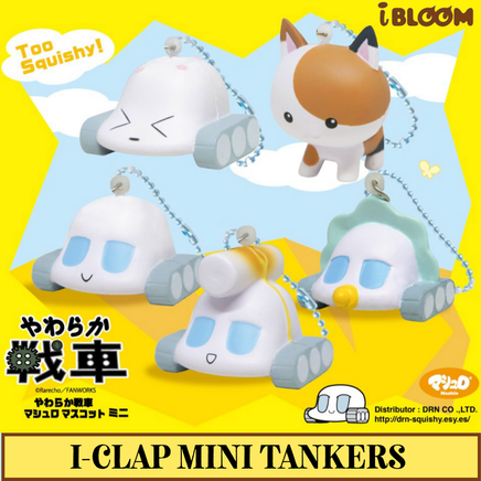 Licensed I-Bloom I-Clap Jumbo and Mini Tanker squishies from 2016, both in original packaging; Mini includes a metallic blue ball chain