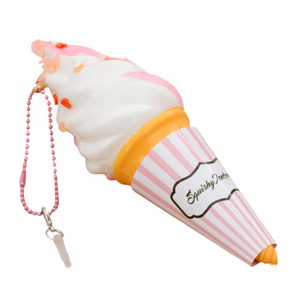 Puni Maru Classic Ice Cream Squishy shown in a variety of 8 colorful designs; each features a soft-serve scoop in a textured cone with paper wrapping. Made from scented, slow-rising PU foam and measuring 10 cm in height. Packaged in original licensed packaging.