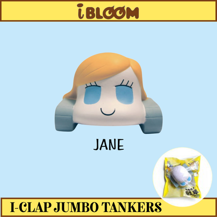 Licensed I-Bloom I-Clap Jumbo and Mini Tanker squishies from 2016, both in original packaging; Mini includes a metallic blue ball chain