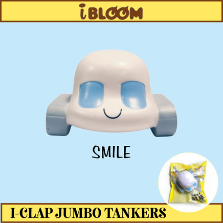 Licensed I-Bloom I-Clap Jumbo and Mini Tanker squishies from 2016, both in original packaging; Mini includes a metallic blue ball chain