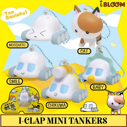 Licensed I-Bloom I-Clap Jumbo and Mini Tanker squishies from 2016, both in original packaging; Mini includes a metallic blue ball chain