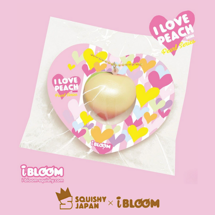 I Love Peach Mini Pearl Edition Squishy in original packaging with gold ball chain, limited edition licensed collectible, scented and super slow-rising with a shimmering pearl finish