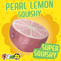 Jumbo Pearl Lemon Squishy in original packaging with Cheeka tag, lobster clasp, key ring, pink ball chain, and phone plug — rare scented collectible, super squishy and slow rising