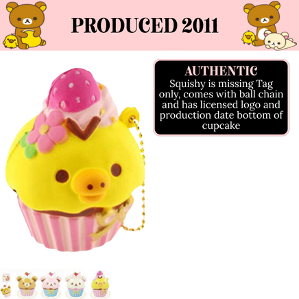 Rilakkuma Strawberry Cupcake Squishy from 2011 in original packaging with tags and gold ball chain, rare collectible perfect as bag charm, keychain, or accessory.