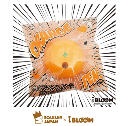 Orange Pen Holder Squishy in original packaging, licensed kawaii desk accessory shaped like an orange, holds standard pen or pencil, soft and slow-rising