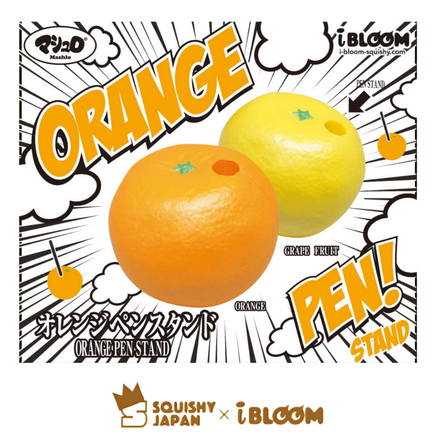 Orange Pen Holder Squishy in original packaging, licensed kawaii desk accessory shaped like an orange, holds standard pen or pencil, soft and slow-rising