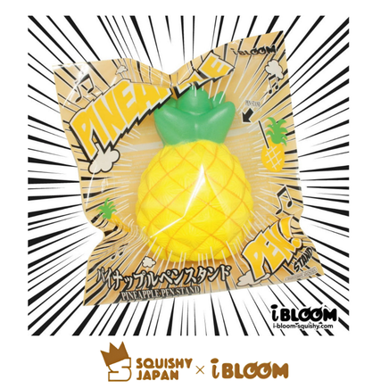 Pineapple Pen Holder Squishy in original packaging, licensed kawaii desk accessory shaped like a pineapple, soft and slow-rising, holds standard pen or pencil
