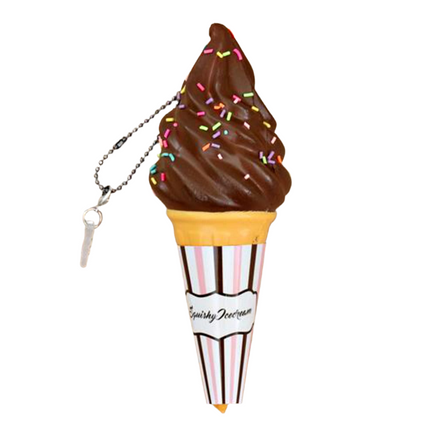 Puni Maru Classic Ice Cream Squishy shown in a variety of 8 colorful designs; each features a soft-serve scoop in a textured cone with paper wrapping. Made from scented, slow-rising PU foam and measuring 10 cm in height. Packaged in original licensed packaging.