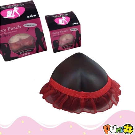 Puni Maru Sexy Peach Squishy with Lace Skirt, licensed, super squishy, scented in Mango, Strawberry, Vanilla, or Chocolate, available in Jumbo and Mini sizes, comes in original packaging, perfect for collectors, bag charms, and kawaii accessories