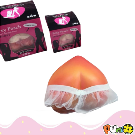 Puni Maru Sexy Peach Squishy with Lace Skirt, licensed, super squishy, scented in Mango, Strawberry, Vanilla, or Chocolate, available in Jumbo and Mini sizes, comes in original packaging, perfect for collectors, bag charms, and kawaii accessories