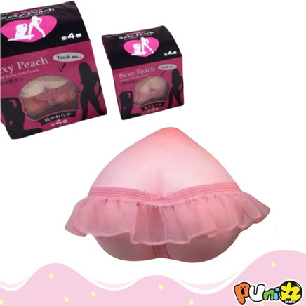 Puni Maru Sexy Peach Squishy with Lace Skirt, licensed, super squishy, scented in Mango, Strawberry, Vanilla, or Chocolate, available in Jumbo and Mini sizes, comes in original packaging, perfect for collectors, bag charms, and kawaii accessories