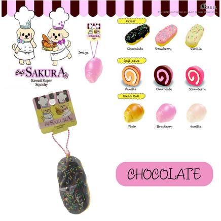 Cafe Sakura Super Squishy Series featuring Vanilla Bread Roll, Chocolate Roll Cake, Vanilla Éclair, and Chocolate Éclair with original packaging, tags, and pink ball chain rare collectibles.