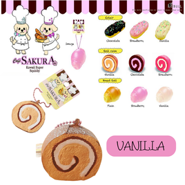 Cafe Sakura Super Squishy Series featuring Vanilla Bread Roll, Chocolate Roll Cake, Vanilla Éclair, and Chocolate Éclair with original packaging, tags, and pink ball chain rare collectibles.