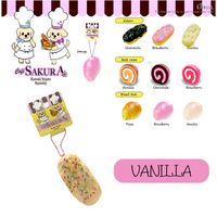 Cafe Sakura Super Squishy Series featuring Vanilla Bread Roll, Chocolate Roll Cake, Vanilla Éclair, and Chocolate Éclair with original packaging, tags, and pink ball chain rare collectibles.