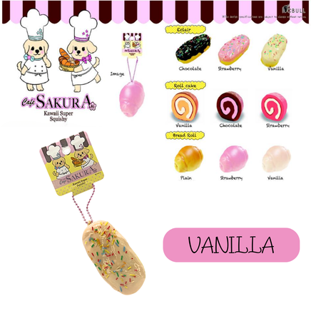 Cafe Sakura Super Squishy Series featuring Vanilla Bread Roll, Chocolate Roll Cake, Vanilla Éclair, and Chocolate Éclair with original packaging, tags, and pink ball chain rare collectibles.