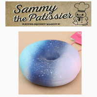 Sammy the Patissier bagel squishy in three color variations, each with a realistic bagel texture and soft, rounded shape, measuring 4 inches across; displayed with original 2017 tag.