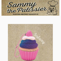 Sammy the Patissier Colorful Cupcake squishy shown in three vibrant designs—Pastel, Rainbow, and Galaxy—featuring a swirled frosting top, realistic cupcake base, and soft, slow-rising texture; displayed in original packaging.