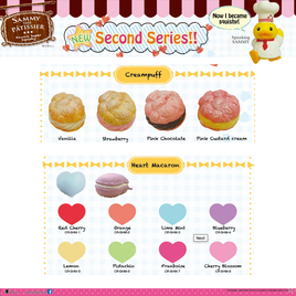 Licensed RARE Sammy the Patissier Squishy Series 2 featuring Heart Macaroon and Cream Puff, authentic vintage squishies with soft, slow-rising texture, collectible accessories for keychains, backpacks, or display.