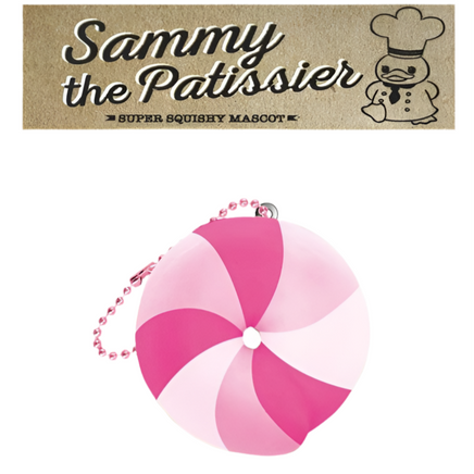 Sammy the Patissier bagel squishy in three color variations, each with a realistic bagel texture and soft, rounded shape, measuring 4 inches across; displayed with original 2017 tag.