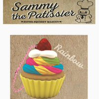 Sammy the Patissier Colorful Cupcake squishy shown in three vibrant designs—Pastel, Rainbow, and Galaxy—featuring a swirled frosting top, realistic cupcake base, and soft, slow-rising texture; displayed in original packaging.