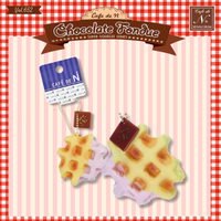 Cafe de N Chocolate Fondue Squishy Waffle in chocolate and strawberry drizzle, super soft and slow rising, with realistic textured design and original 2017 packaging and tag.