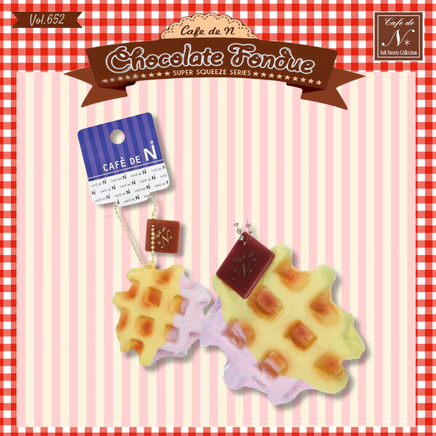 Cafe de N Chocolate Fondue Squishy Waffle in chocolate and strawberry drizzle, super soft and slow rising, with realistic textured design and original 2017 packaging and tag.