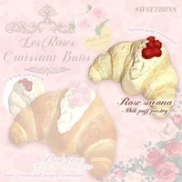 SweetBunS Les Roses Croissant Bun squishy featuring realistic flaky pastry texture, rose-inspired design, slow-rising scented foam in Rose Savona Milk Puff Pastry or Pink Rose Wheat Flaky Pastry.