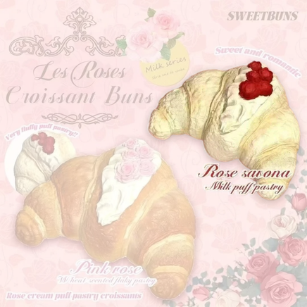 SweetBunS Les Roses Croissant Bun squishy featuring realistic flaky pastry texture, rose-inspired design, slow-rising scented foam in Rose Savona Milk Puff Pastry or Pink Rose Wheat Flaky Pastry.