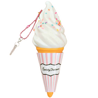 Puni Maru Classic Ice Cream Squishy shown in a variety of 8 colorful designs; each features a soft-serve scoop in a textured cone with paper wrapping. Made from scented, slow-rising PU foam and measuring 10 cm in height. Packaged in original licensed packaging.