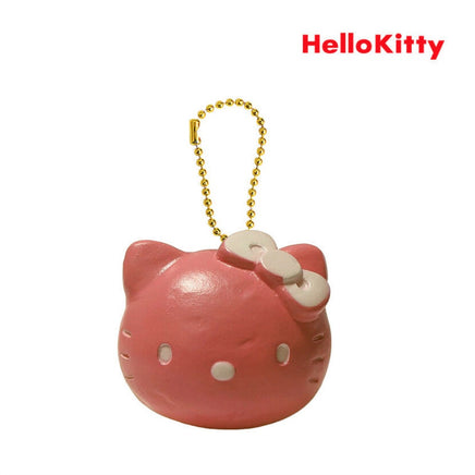 RARE Hello Kitty Sweets Cafe head bread bun squishy featuring Hello Kitty’s face on a textured bread-like surface; vintage 1976–2009 item with possible signs of age such as cracks or wear.