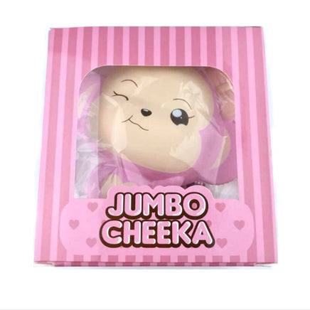 Puni Maru Jumbo Cheeka Monkey Squishy in a sweet pink hue, featuring a charming bow and a large collectible tag.