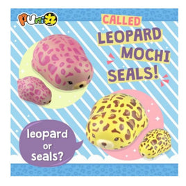 Puni Maru Jumbo Leopard Mochi Seal squishy shown in yellow and pink leopard print variations. Features a large, soft seal with spotted pattern, closed eyes, and blush cheeks. Made from scented, slow-rising PU foam. Measures 6 inches long and packaged in a clear, re-closable display box from the 2017 release.