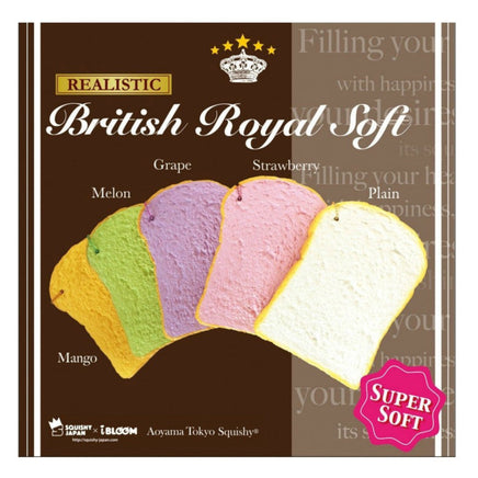  I-Bloom British Royal Soft Squishy in five vibrant styles—Mango, Melon, Grape, Strawberry, and Plain—each shaped like a fluffy loaf of bread with realistic texture and soft, slow-rising material. Packaged in original licensed wrapping.