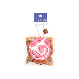 Cafe de N Coffee House Cinnamon Roll squishy in classic and strawberry flavors, featuring a realistic cinnamon roll swirl design with soft, pastel coloring. Each squishy measures approximately 3 3/8 inches by 3 inches and is packaged in its original tagged packaging, released May 2017.