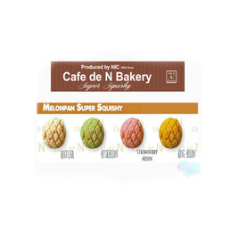 "Super squishy Cafe de N Bakery Melonpan squishy, measuring 4 inches by 4 inches, featuring a realistic melon bread texture in soft yellow tones. Packaged in original 2017 licensed bag with tag, ideal for collectors and stress relief."