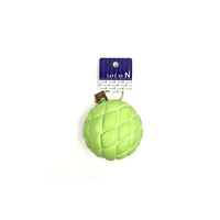 "Super squishy Cafe de N Bakery Melonpan squishy, measuring 4 inches by 4 inches, featuring a realistic melon bread texture in soft yellow tones. Packaged in original 2017 licensed bag with tag, ideal for collectors and stress relief."