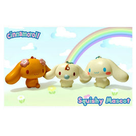 Sanrio Cinnamoroll Mascots Squishy featuring Mocha and Milk characters; soft, slow-rising squishies made of polyurethane foam with attached steel bead chains, measuring 5 inches wide by 3 inches high, designed in a kawaii style for decoration or accessorizing.