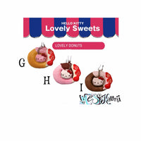 Hello Kitty Lovely Sweets Squishy Series featuring three designs: a latte cup, a shortcake slice, and a donut. Each squishy is soft, slow-rising, and decorated with Hello Kitty-themed details. Packaged in original licensed packaging with tags. Vintage production with slight aging may be visible.