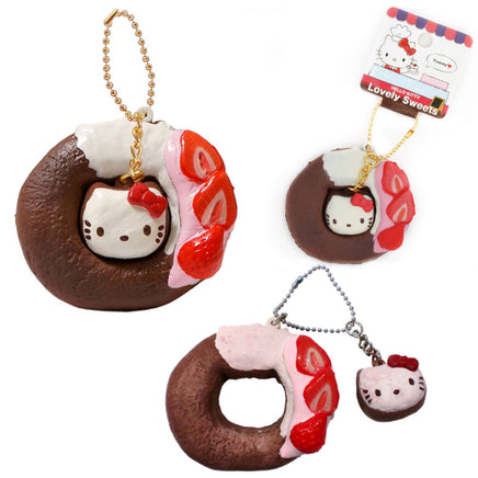 Hello Kitty Lovely Sweets Squishy Series featuring three designs: a latte cup, a shortcake slice, and a donut. Each squishy is soft, slow-rising, and decorated with Hello Kitty-themed details. Packaged in original licensed packaging with tags. Vintage production with slight aging may be visible.